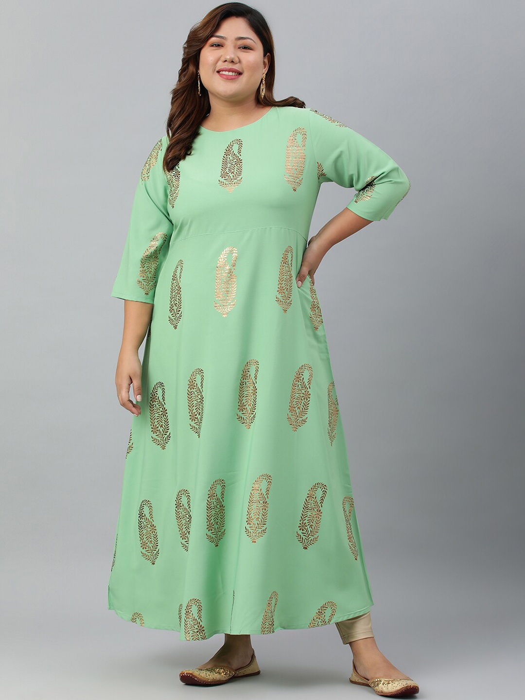 

XL LOVE by Janasya Women Plus Size Light Green Poly Crepe Foil Print A-line Kurta
