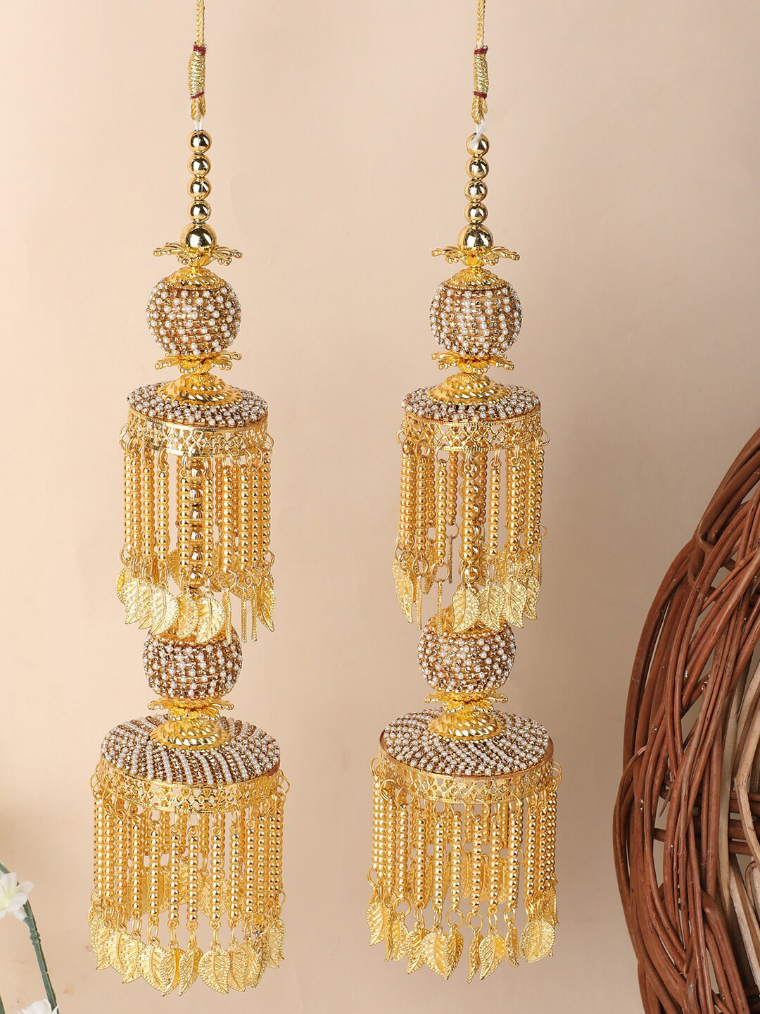

ANIKAS CREATION Set of 2 Gold Plated Pearl And White Beaded Handcrafted Bridal Kaleeras