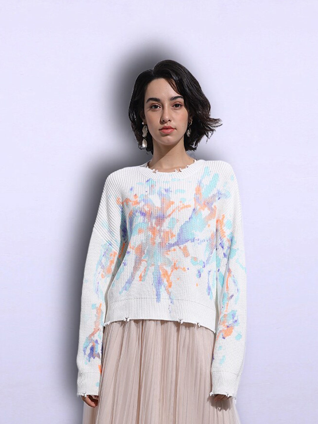 

JC Collection Women White & Blue Abstract Printed Pullover