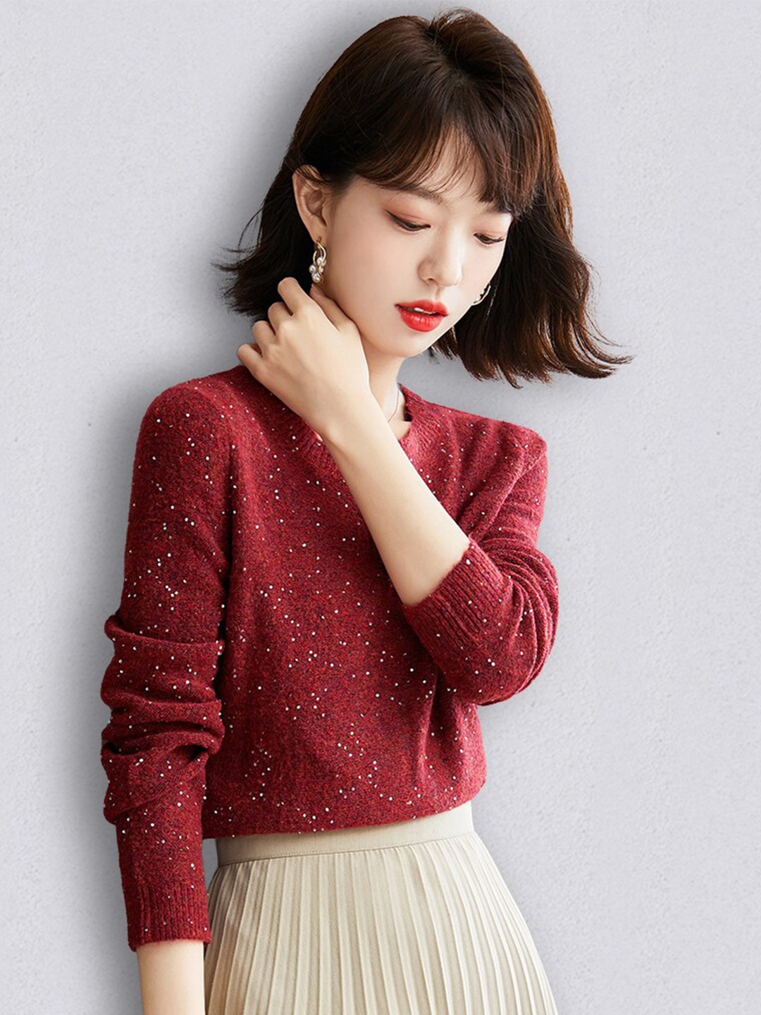 

JC Collection Women Red & White Embroidered Pullover with Embellished Detail