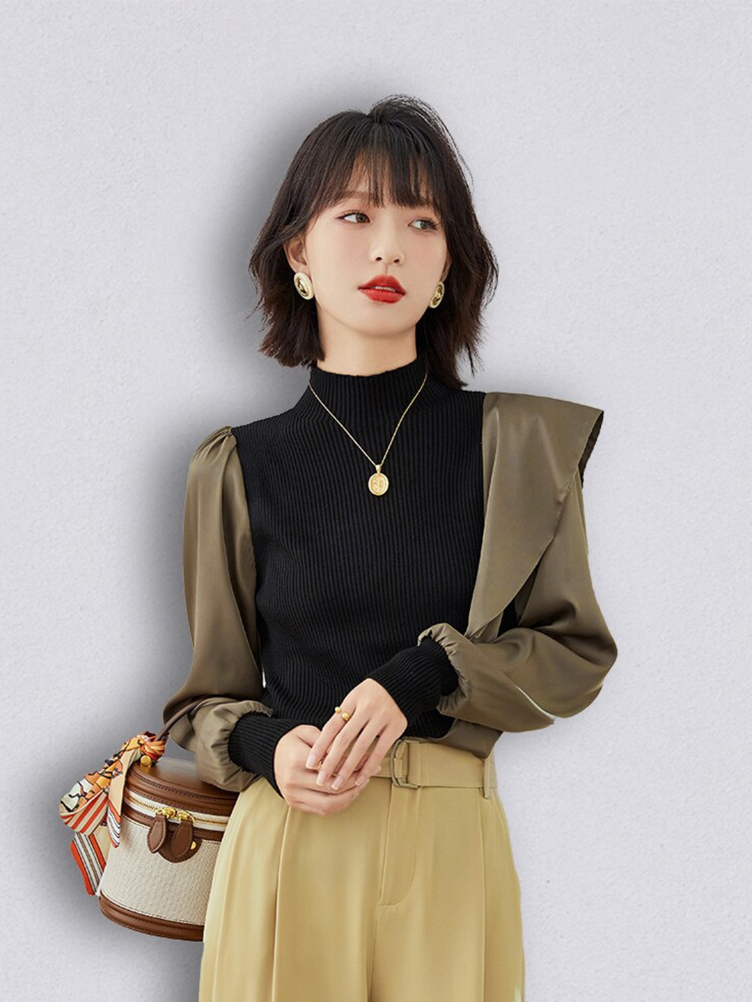 

JC Collection Women Black & Olive Green Colourblocked Pullover