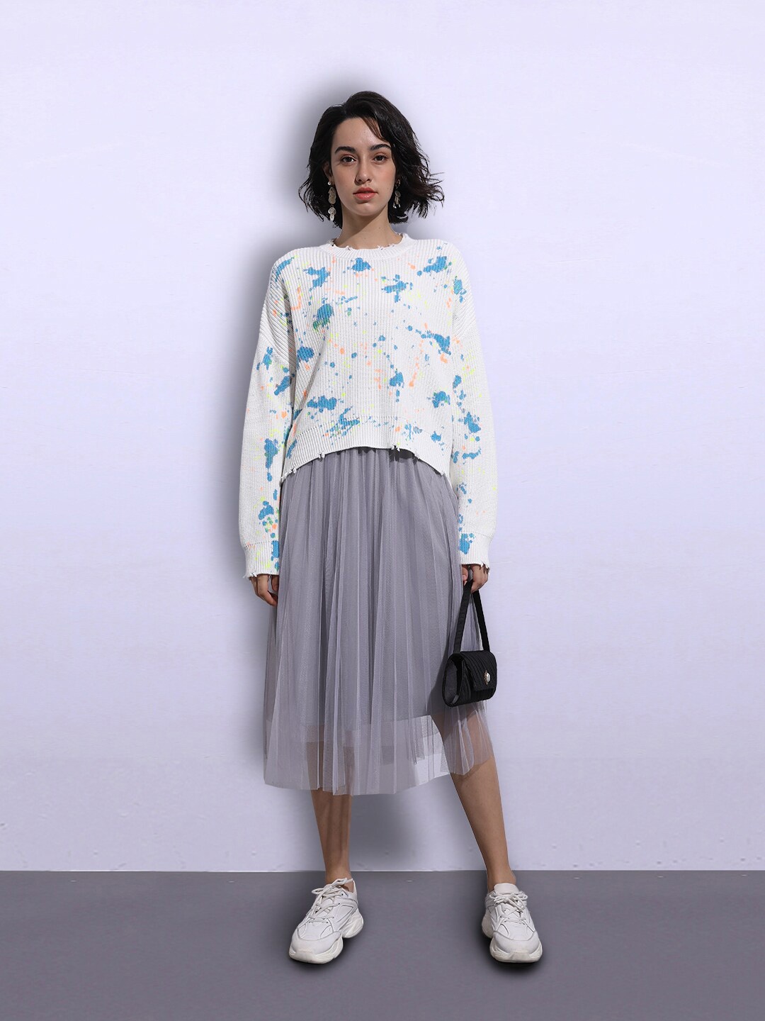 

JC Collection Women White & Blue Printed Pullover Sweater