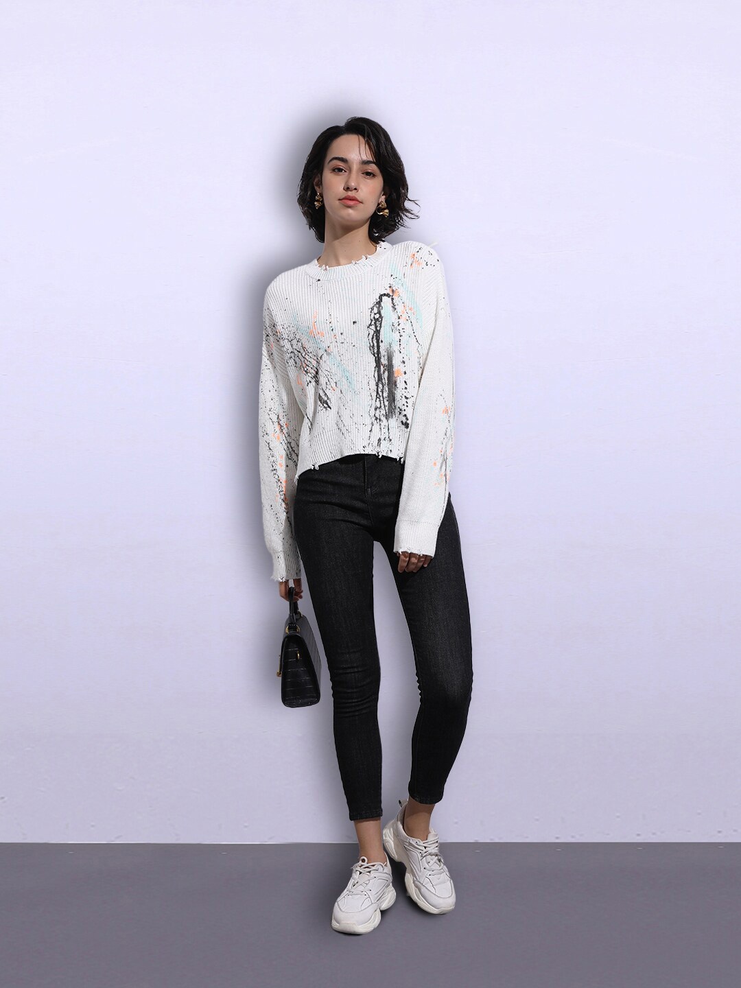 

JC Collection Women White & Black Printed Pullover Sweater