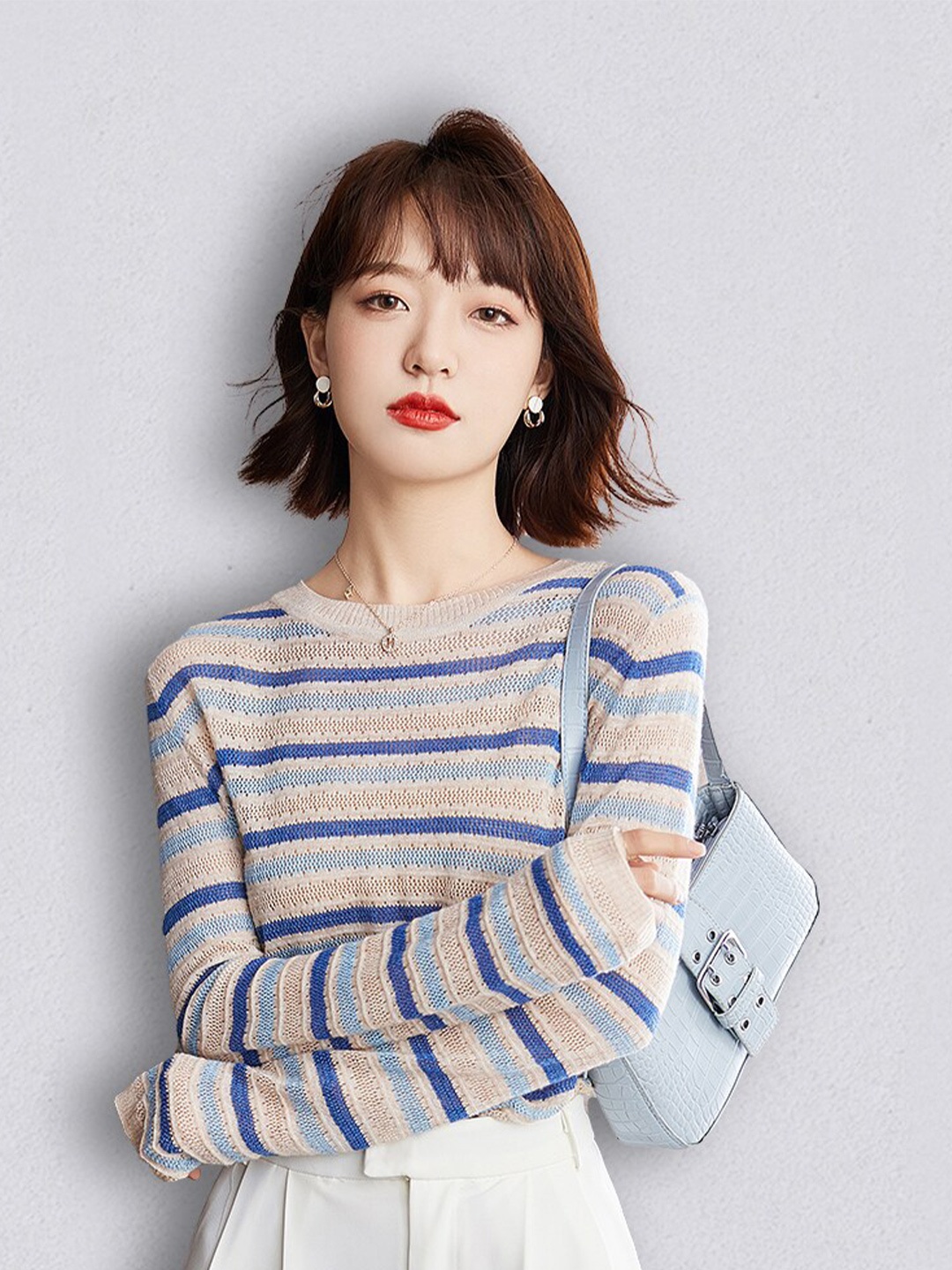 

JC Collection Women Blue & Beige Striped Pullover Sweater