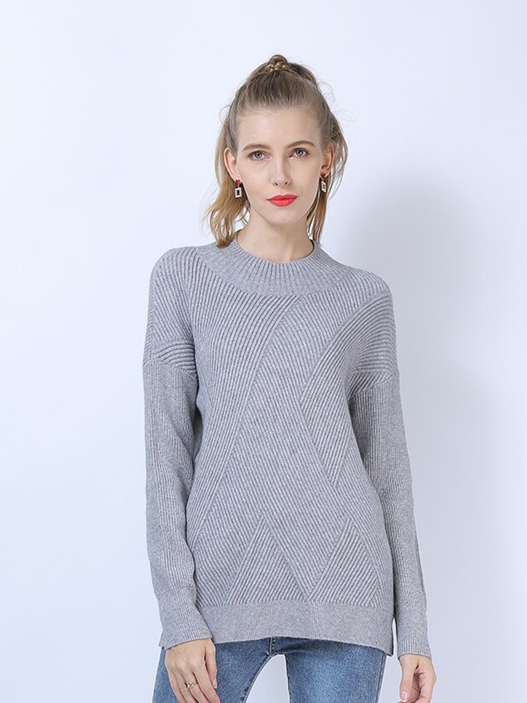 

JC Collection Women Grey Ribbed Pullover Sweater