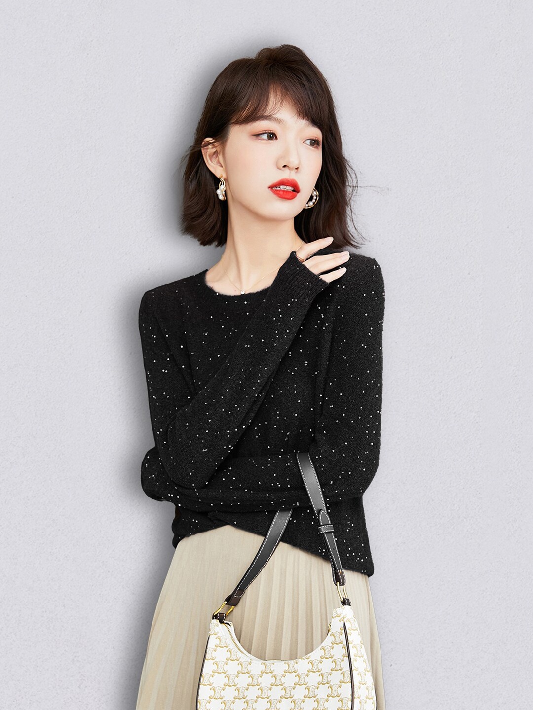 

JC Collection Women Black & White Printed Pullover Sweater