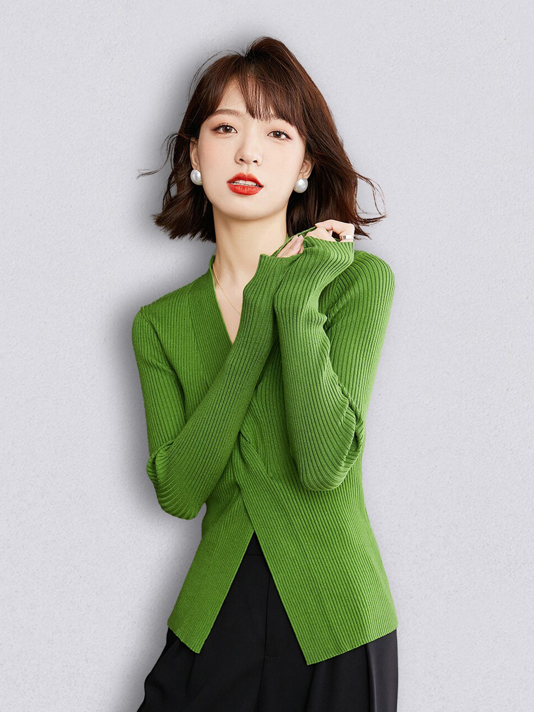 

JC Collection Women Green Ribbed Pullover Sweater