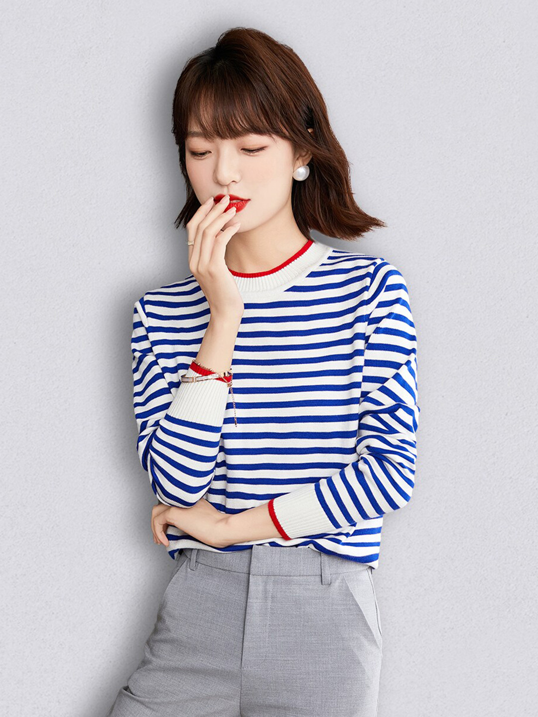 

JC Collection Women Blue & White Striped Pullover