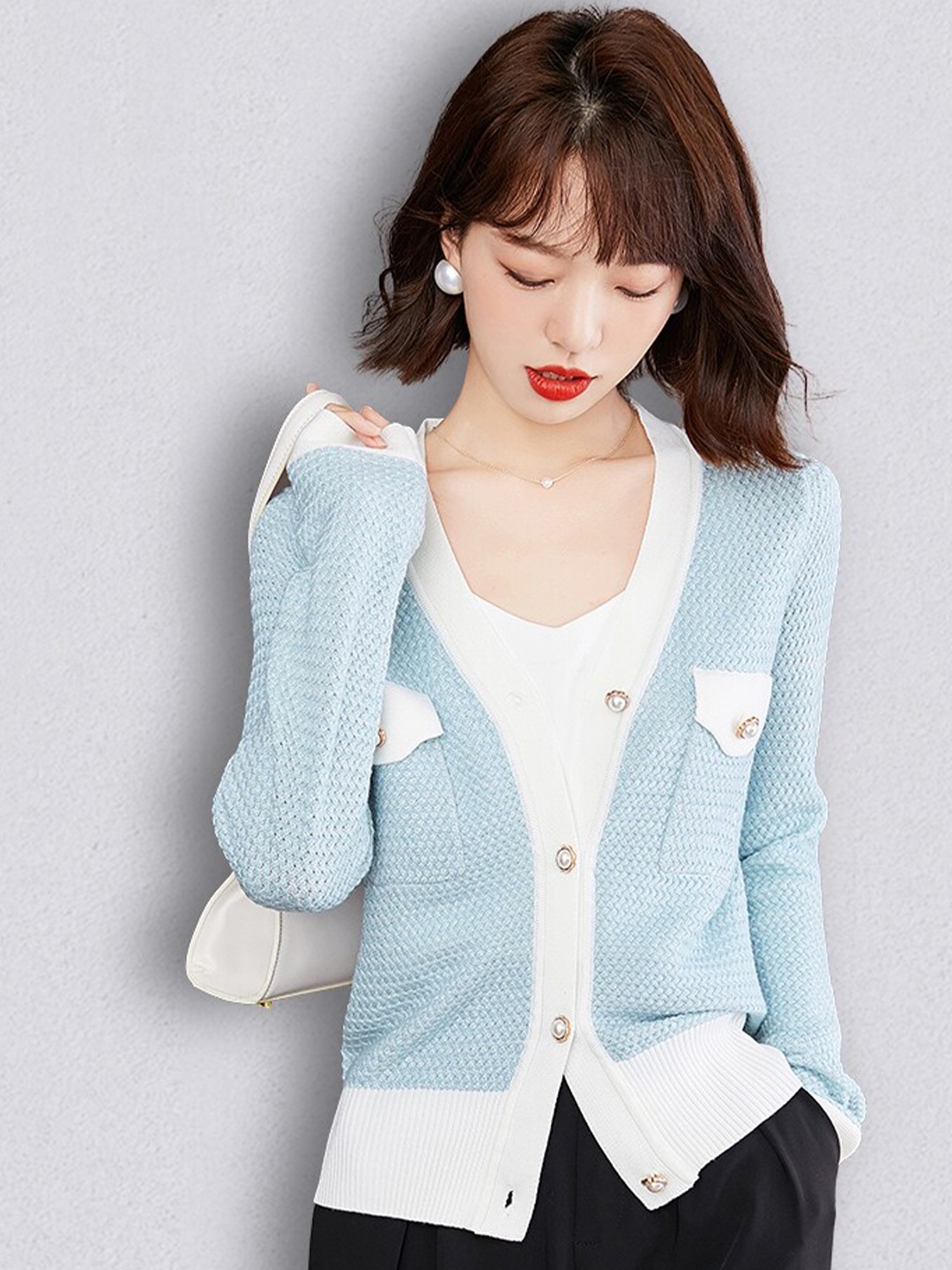 

JC Collection Women Blue & White Cable Knit Cardigan