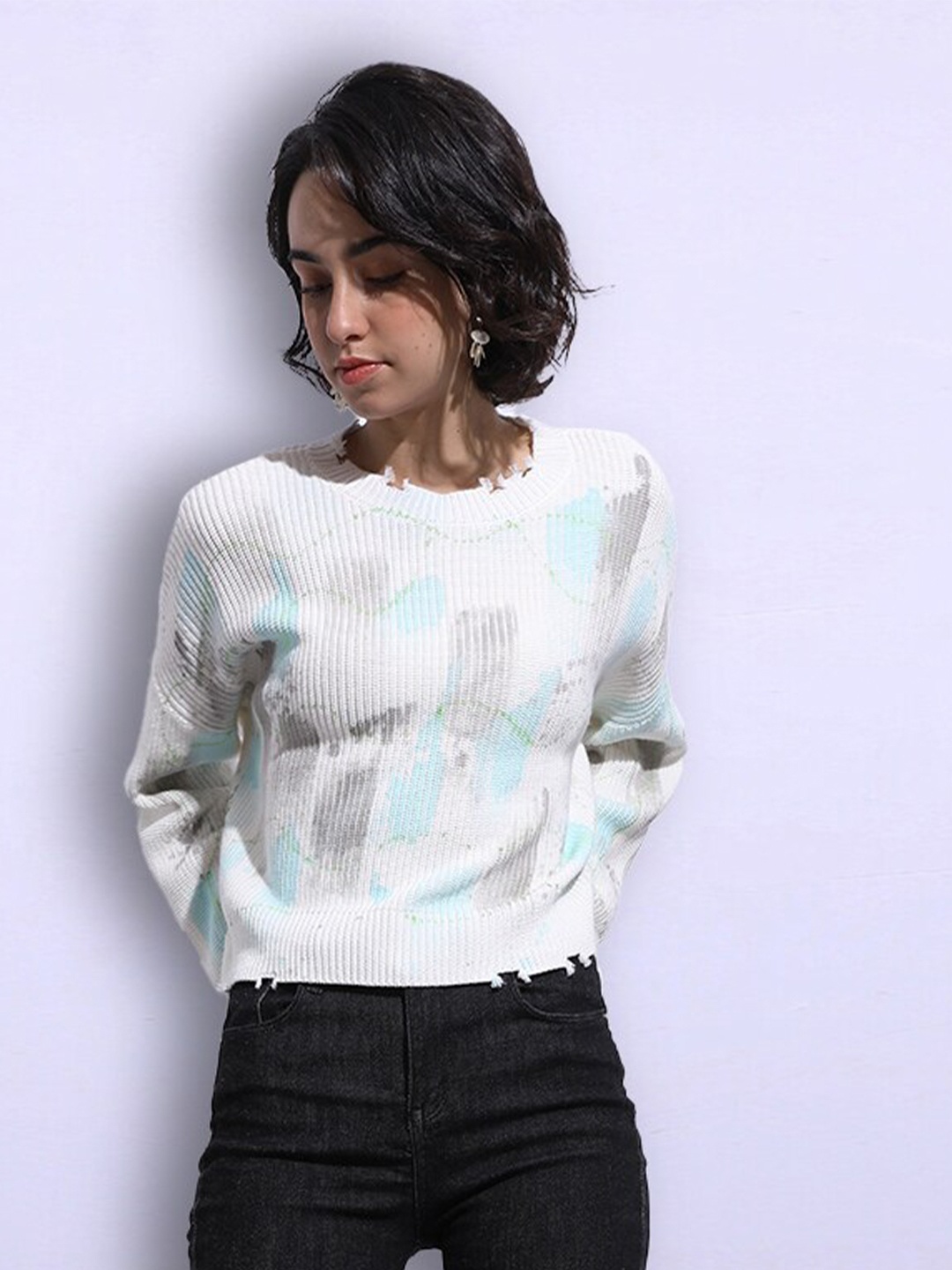 

JC Collection Women White & Grey Printed Pullover