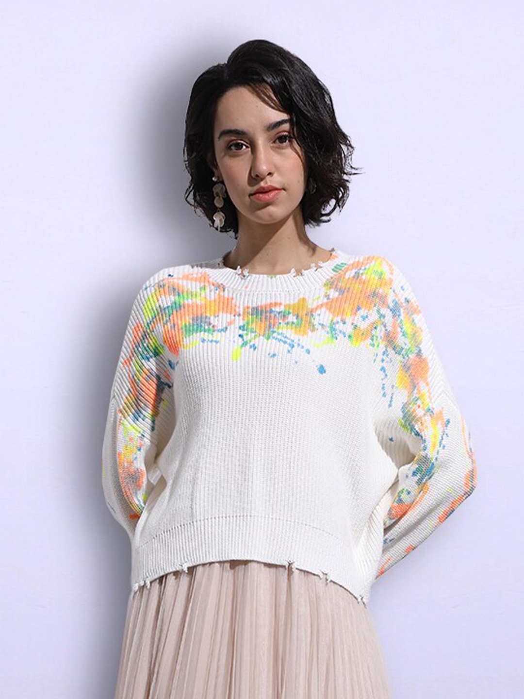 

JC Collection Women White & Orange Floral Printed Pullover