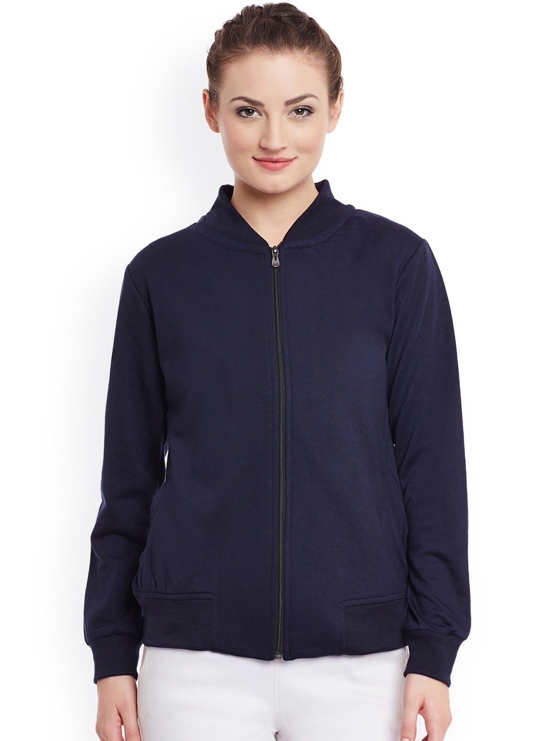 

Belle Fille Women Navy Blue Solid Bomber Jacket