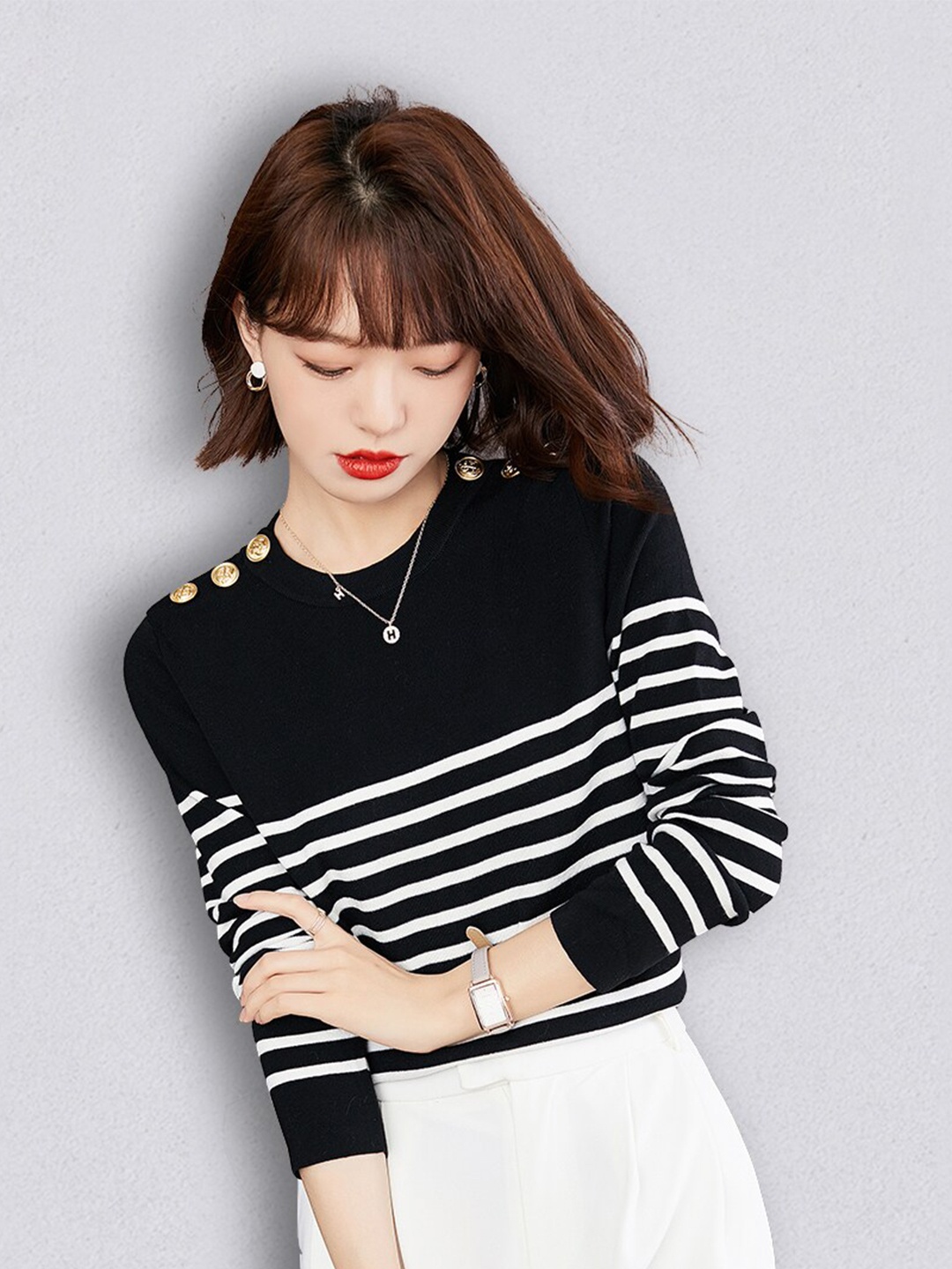 

JC Collection Women Black & White Striped Pullover