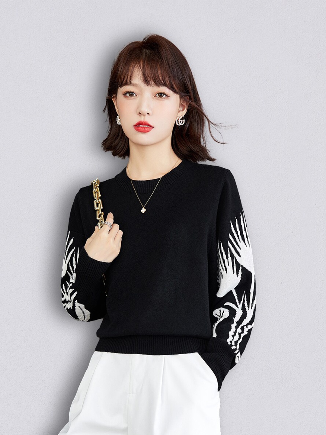 

JC Collection Women Black & White Printed Pullover
