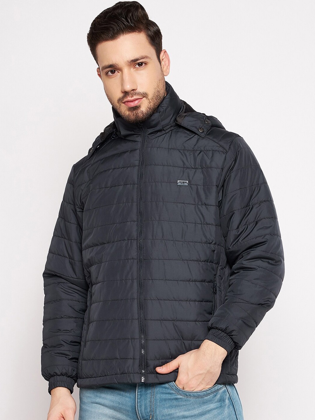 

Duke Men Navy Blue Solid Padded Jacket