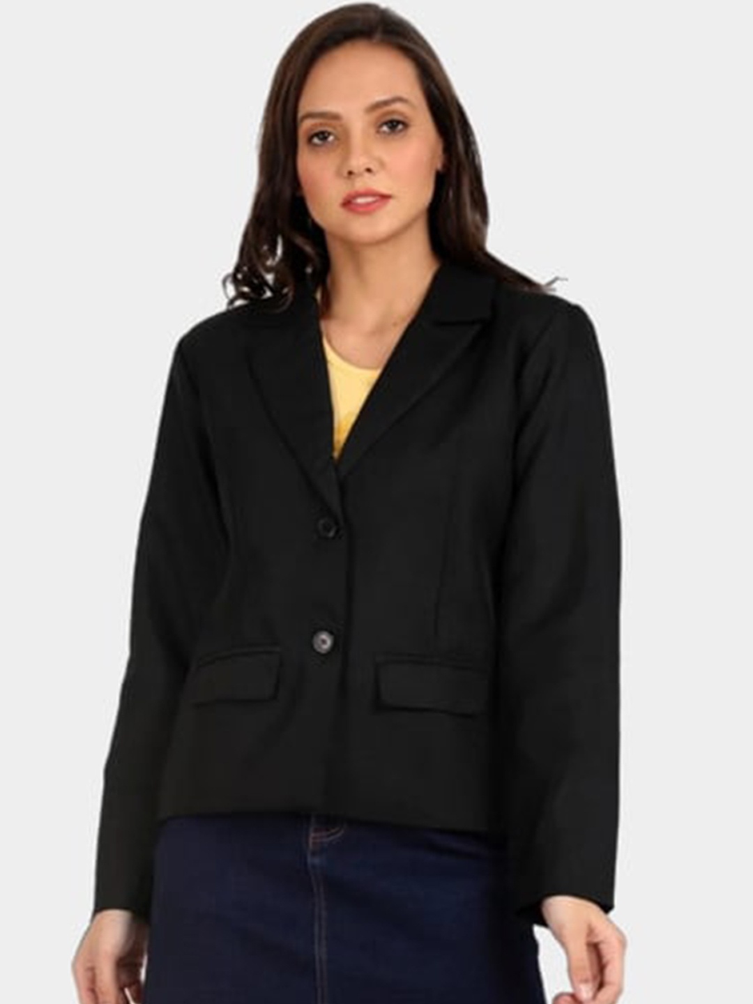 

BROADSTAR Women Black Solid Single-Breasted Cotton Blazers