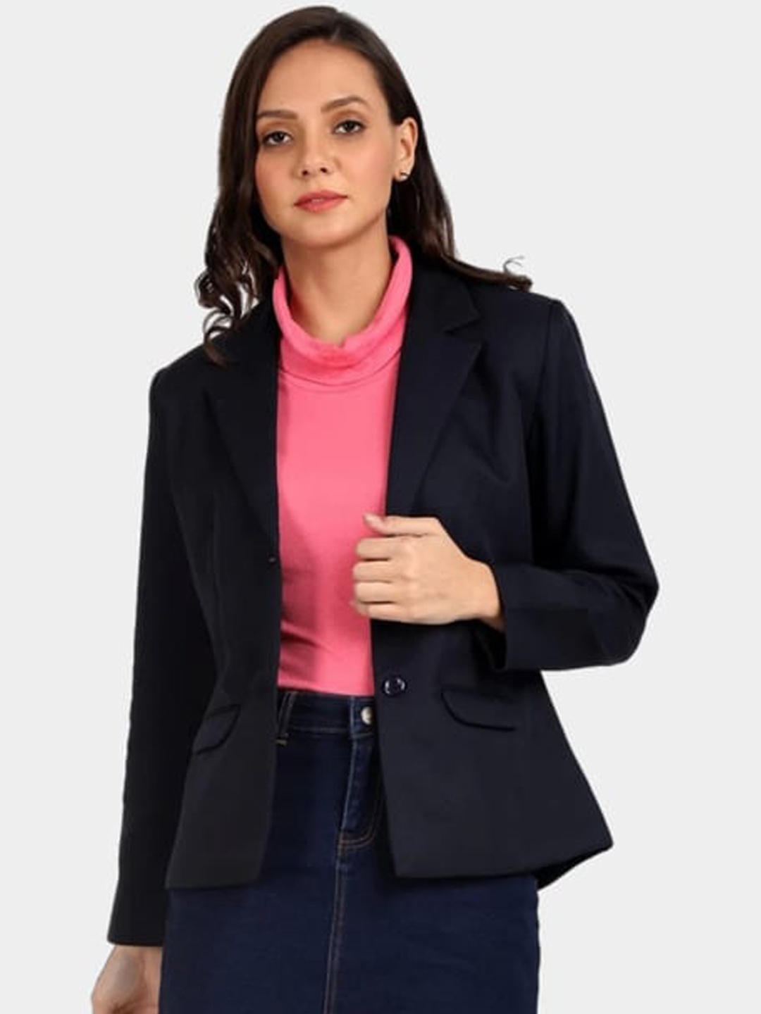 

BROADSTAR Women Navy Blue Solid Cotton Single-Breasted Formal Blazer