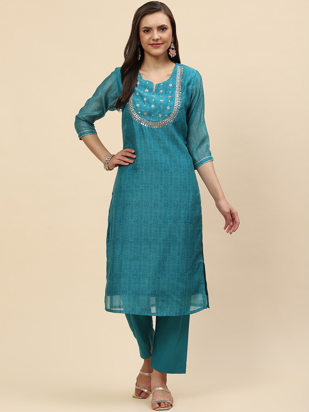

Meena Bazaar Women Blue Floral Printed Chanderi Silk Kurta with Trousers