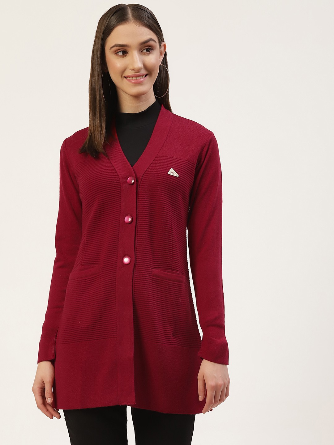 

Monte Carlo Women Red Self-Striped Longline Cardigan
