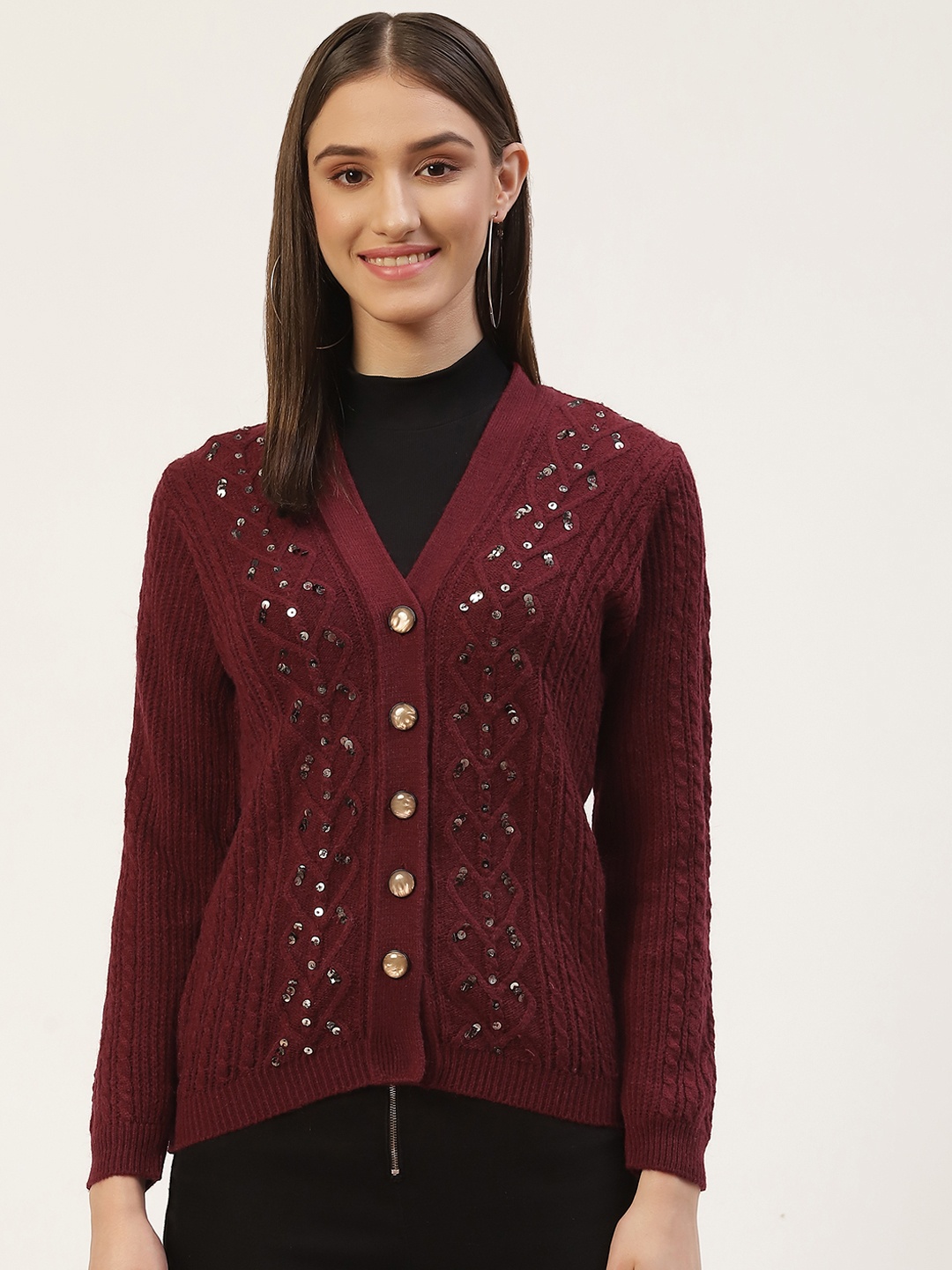 

Monte Carlo Women Maroon Cable Knit Sequinned Cardigan