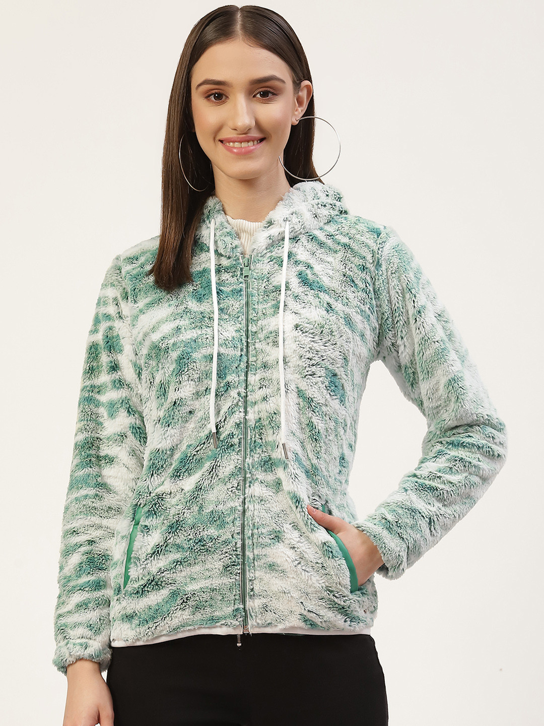 

Monte Carlo Women Green & Off-White Fleece Printed Hooded Sweatshirt