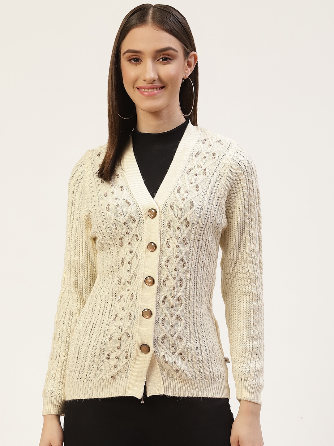 

Monte Carlo Women Off White Cable Knit Sequinned Cardigan