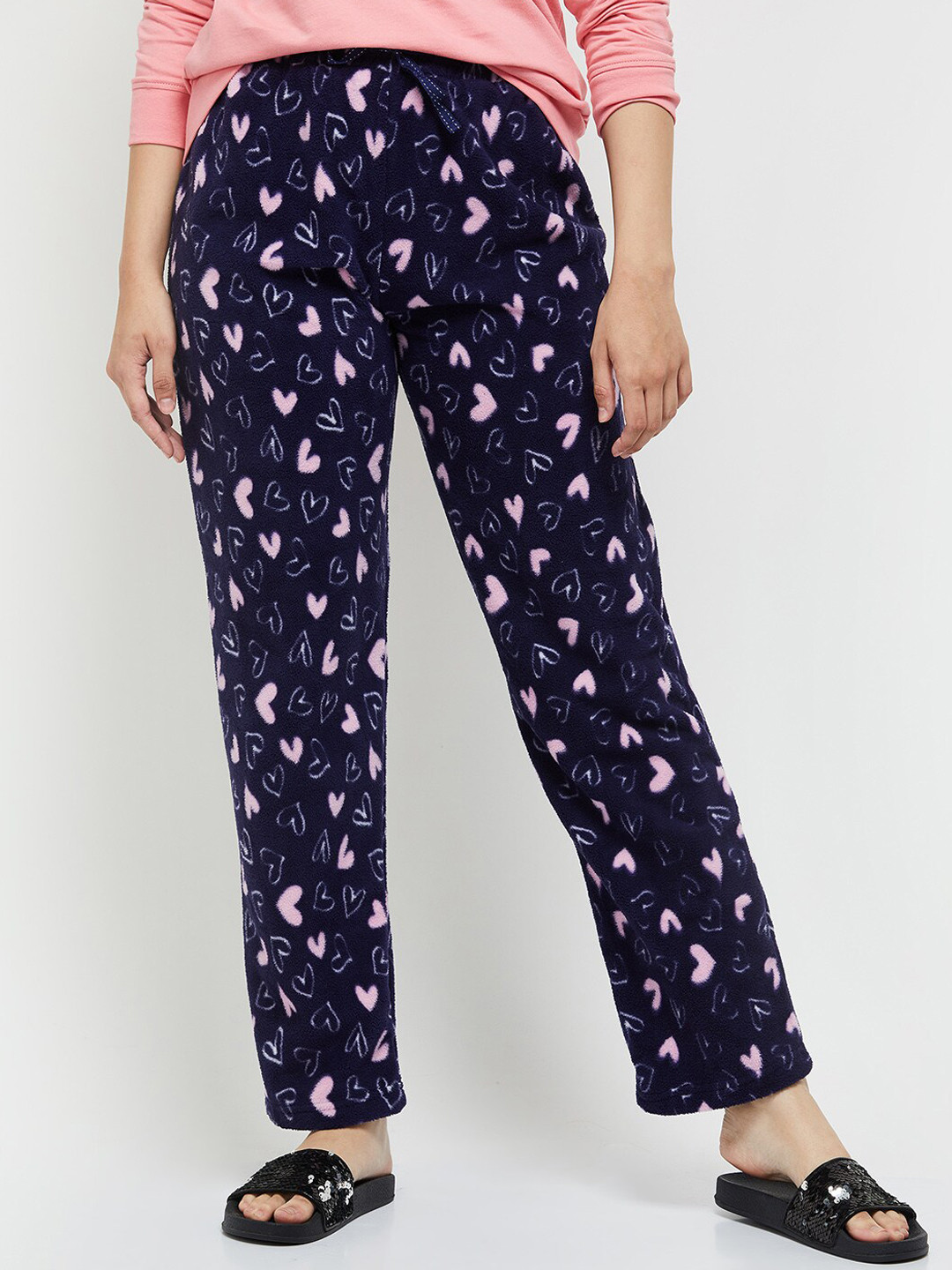 

max Women Navy Blue & Pink Printed Elasticated Lounge Pants