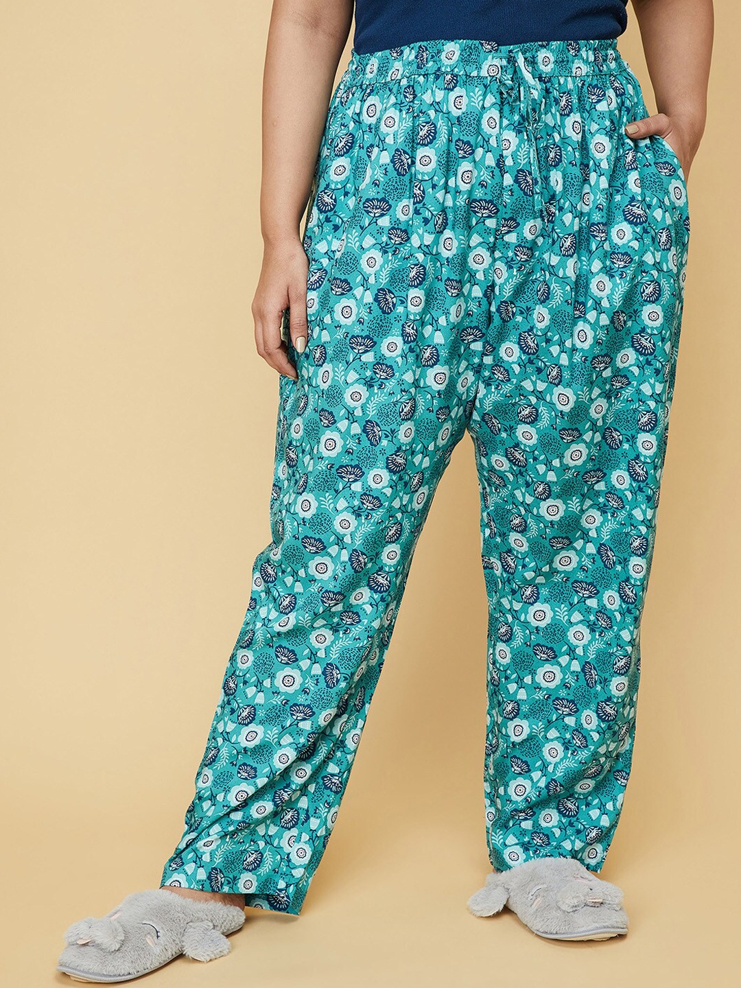 

max Women Sea Green & Navy Blue Floral Printed Elasticated Lounge Pants