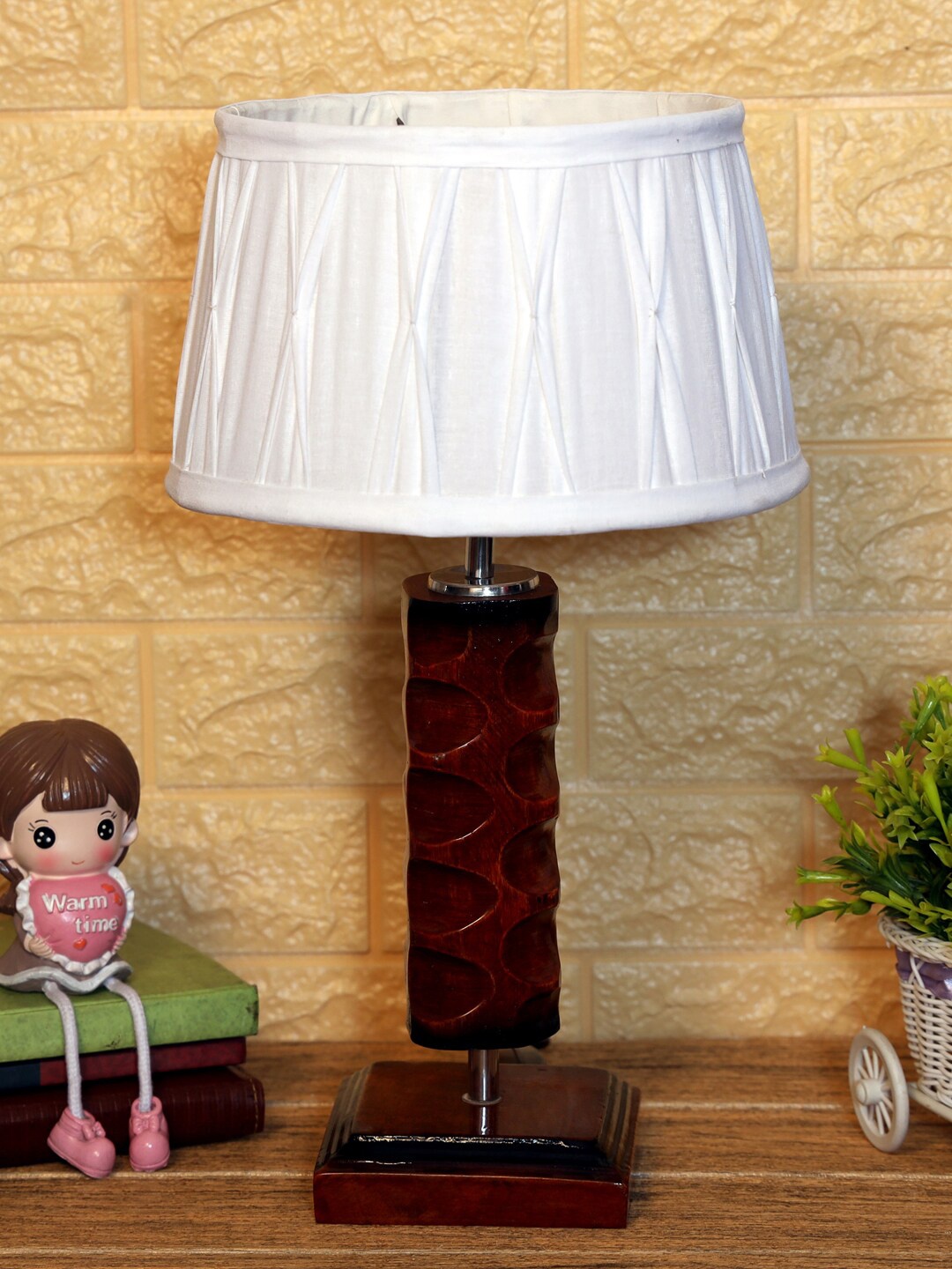 

foziq Brown Textured Wooden Table Lamps, White