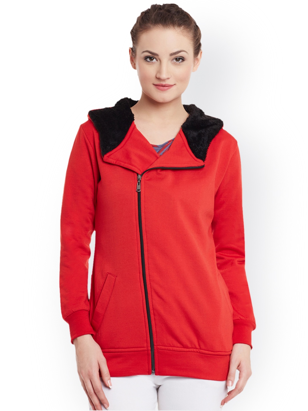 

Belle Fille Women Red Solid Hooded Sporty Jacket
