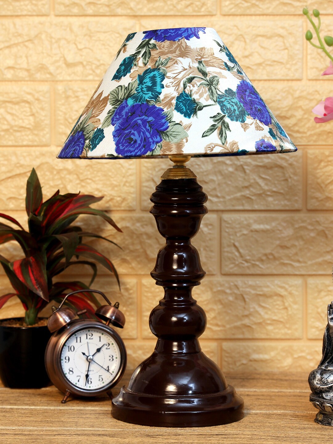 

foziq Brown & Blue Floral Printed Wooden Table Lamps