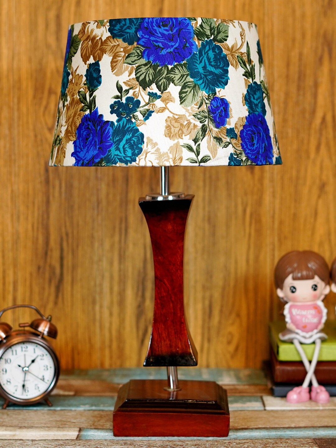 

foziq Brown & Blue Floral Printed Wooden Table Lamps