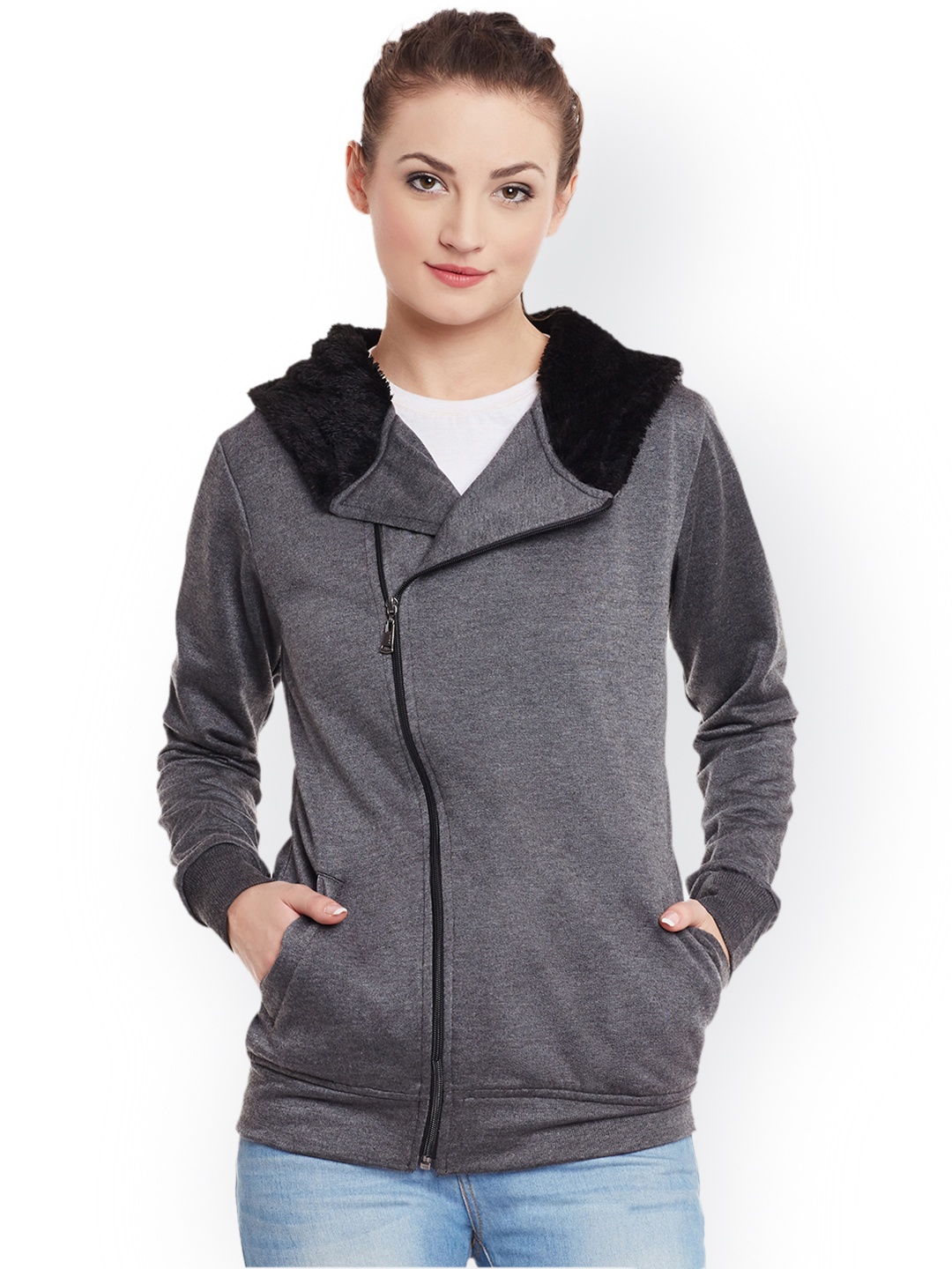 

Belle Fille Women Grey Solid Hooded Sporty Jacket