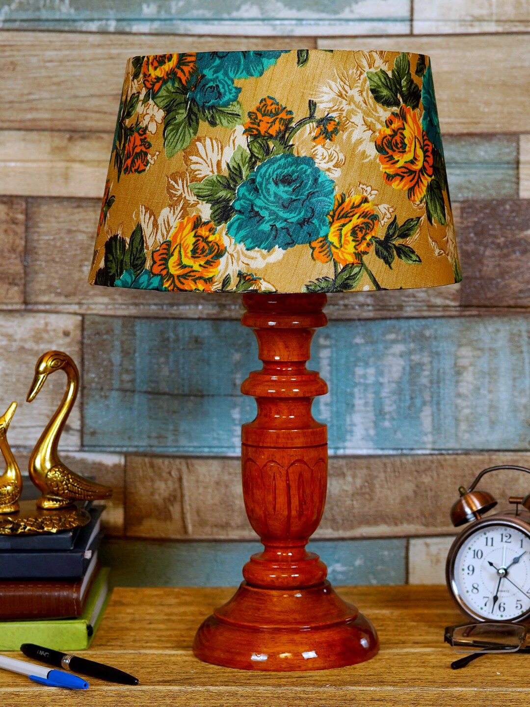 

foziq Brown Floral Printed Wooden Table Lamps