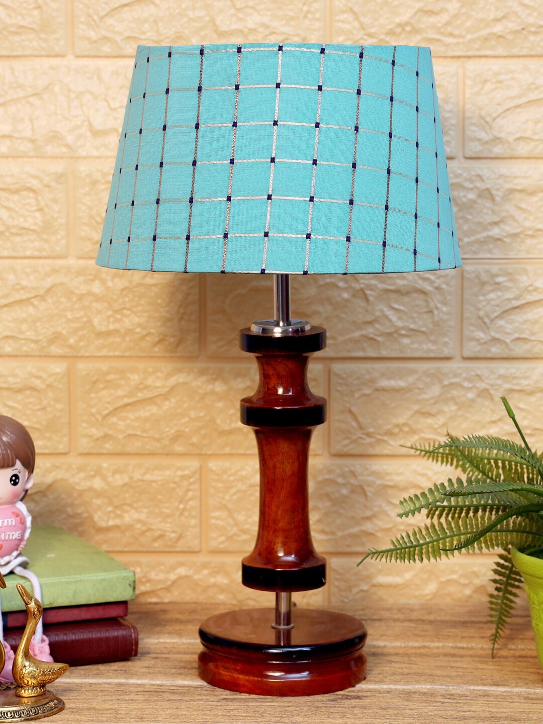 foziq Brown & Blue Checked Wooden Table Lamps
