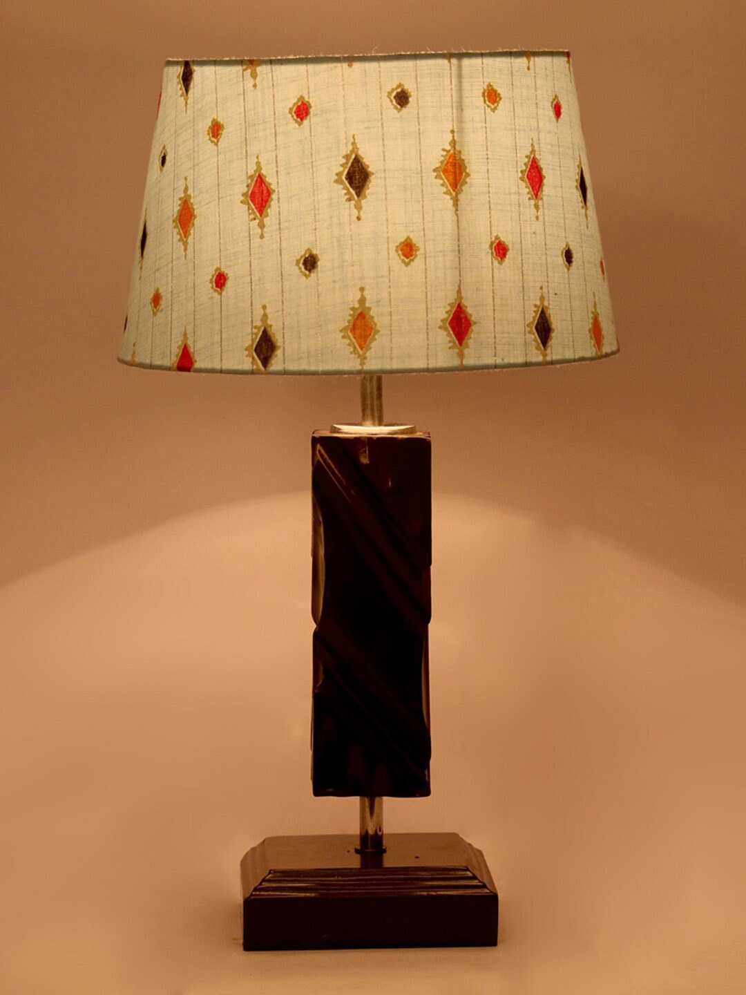 

foziq Brown & Blue Printed Wooden Table Lamp