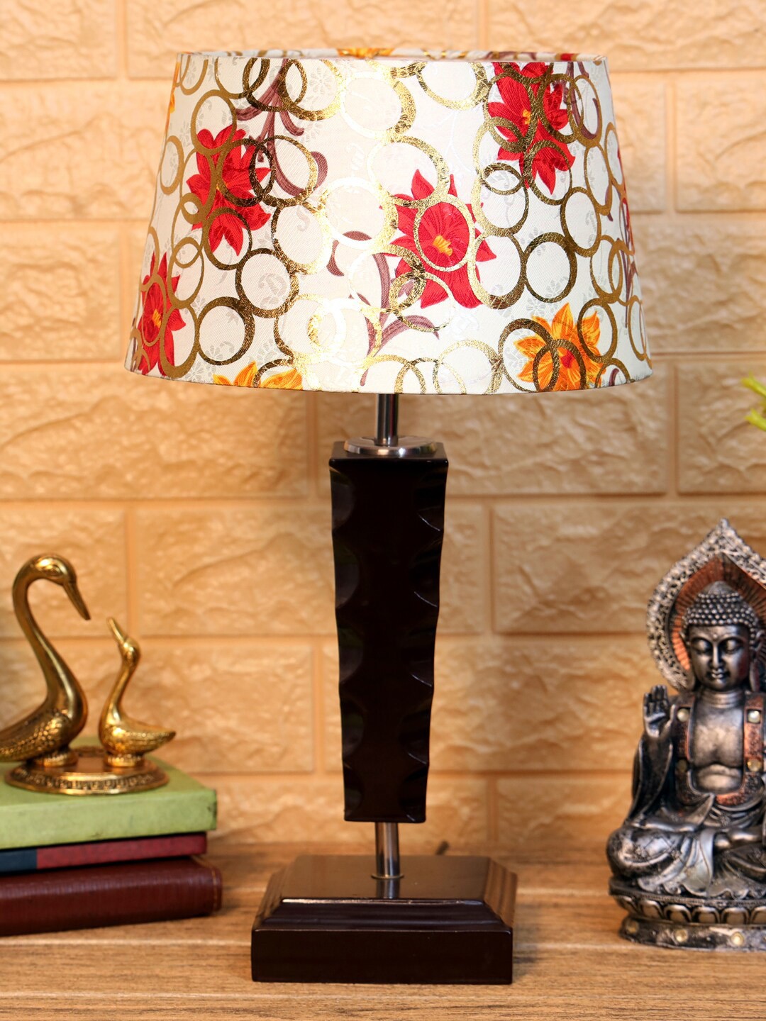 

foziq Brown & White Floral Printed Wooden Table Lamps