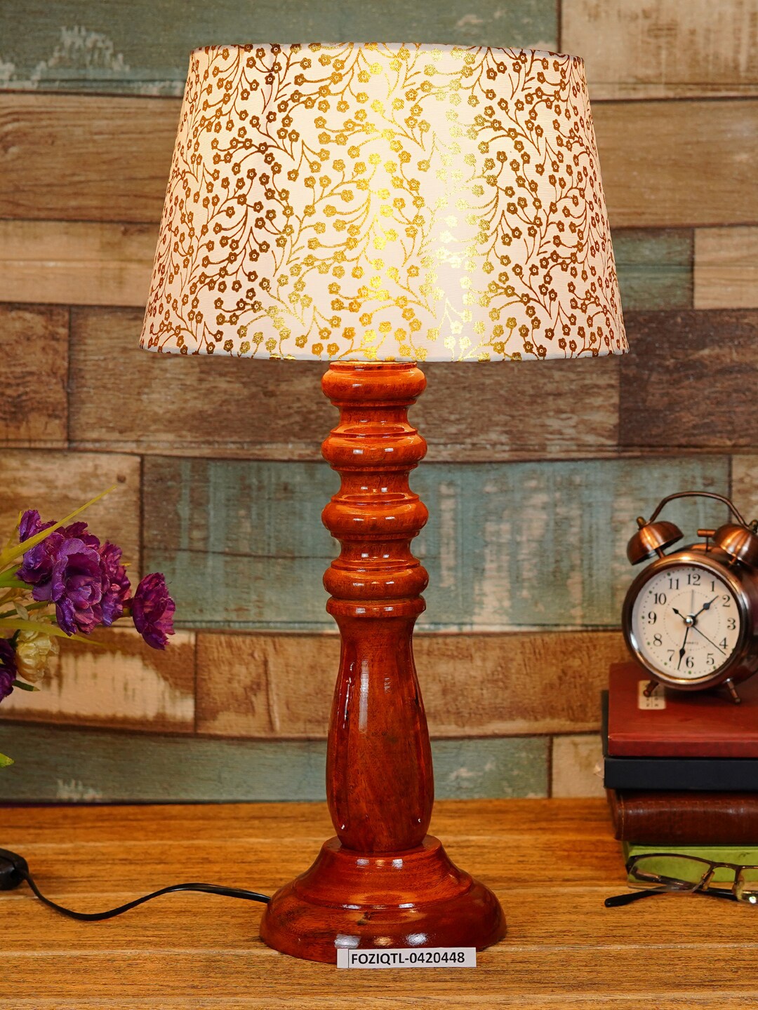 

foziq Brown & gold Printed wood Table Lamp