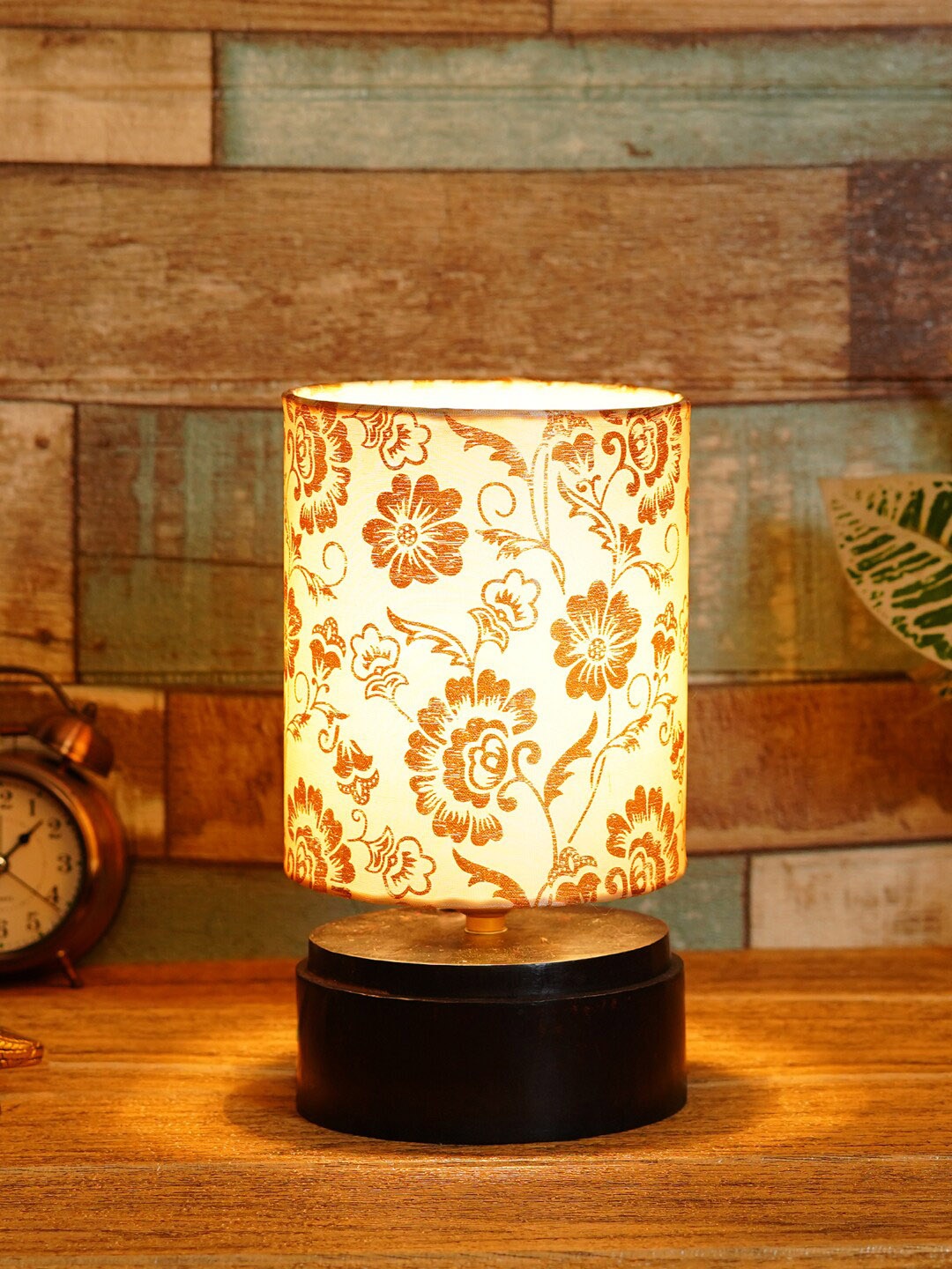 

foziq Brown & Gold Floral Printed Wooden Table Lamps