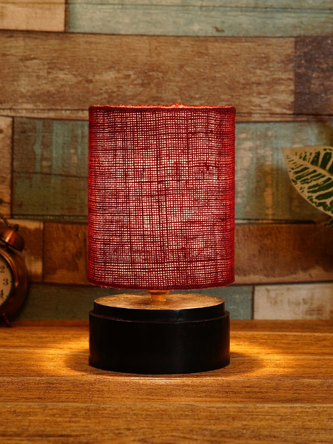 foziq Brown & Red Solid Wooden Table Lamp