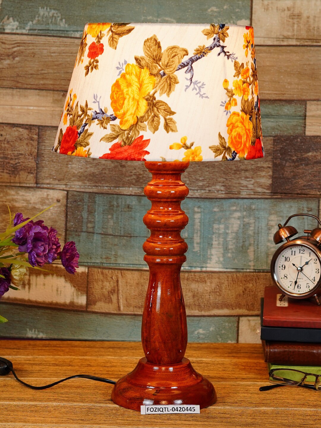 foziq Brown & White Printed Wooden Table Lamp
