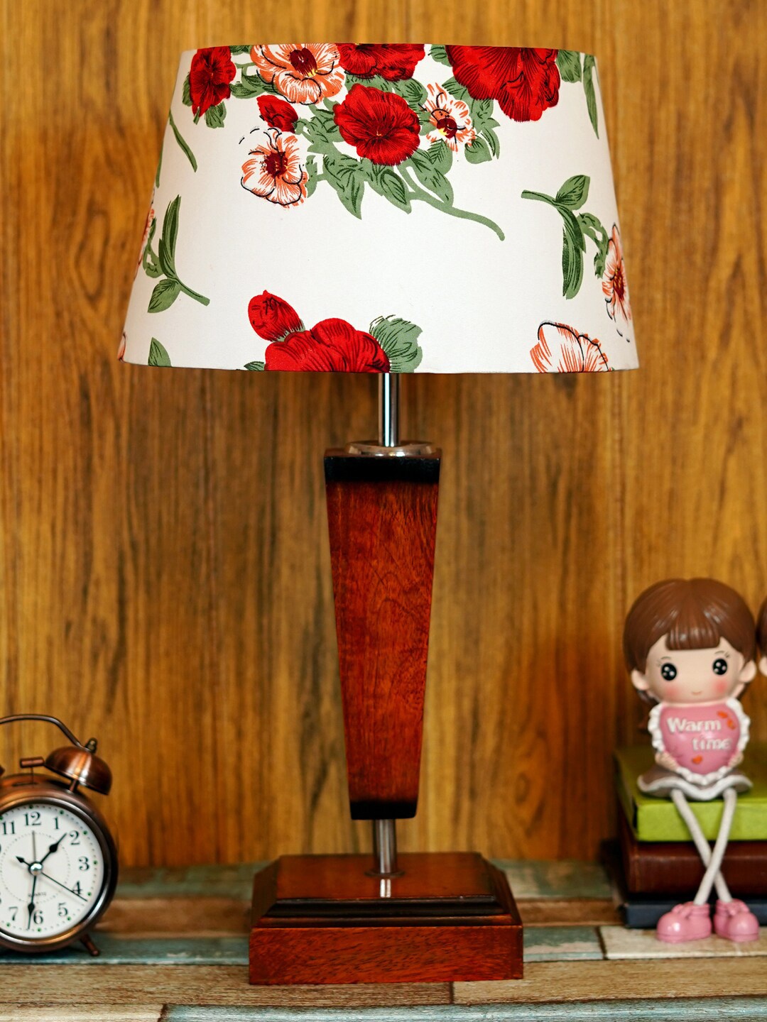 

foziq Brown & Red Floral Printed Wood Table Lamp
