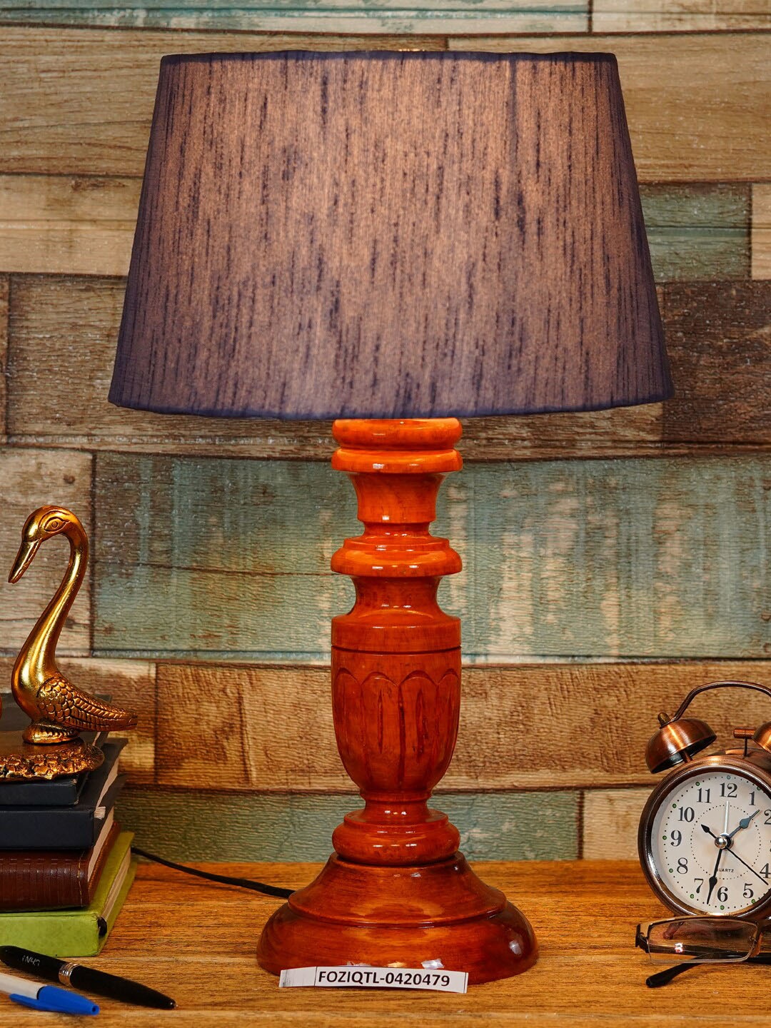 foziq Unisex Brown & Blue Textured Wooden Table Lamps