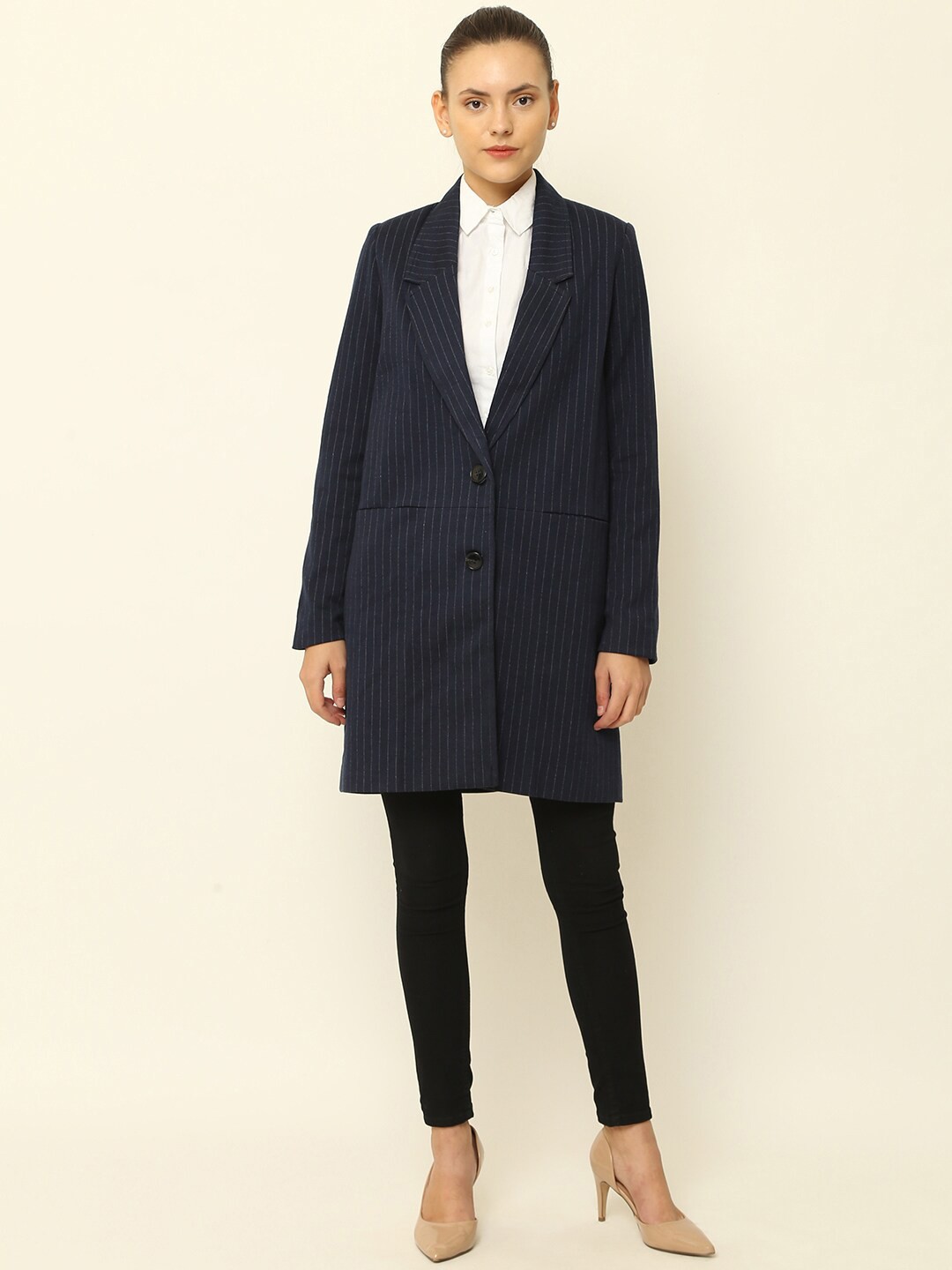 

NoBarr Women Blue Striped Overcoat