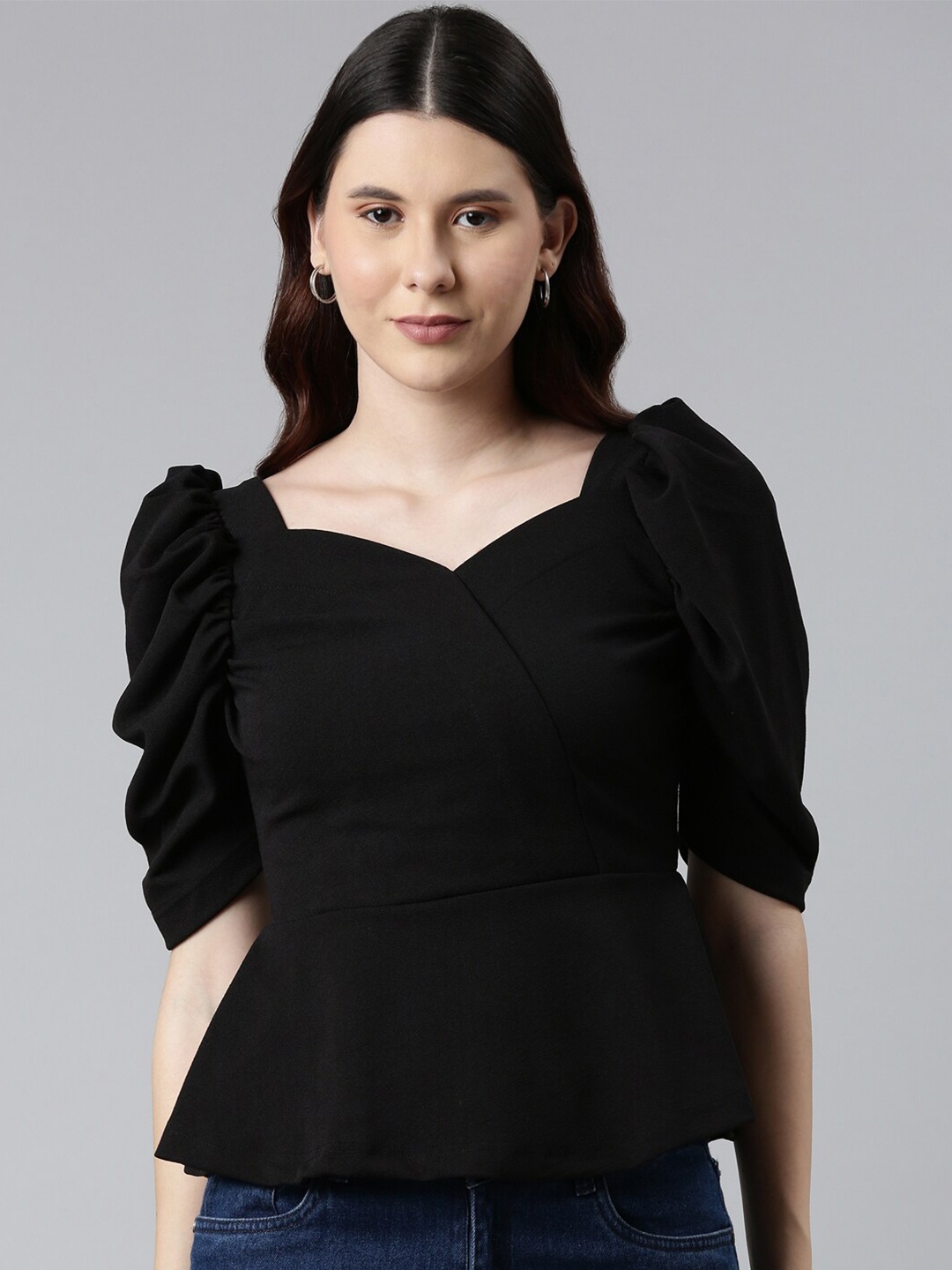 

Kryptic Black Sweetheart Neck Peplum Top