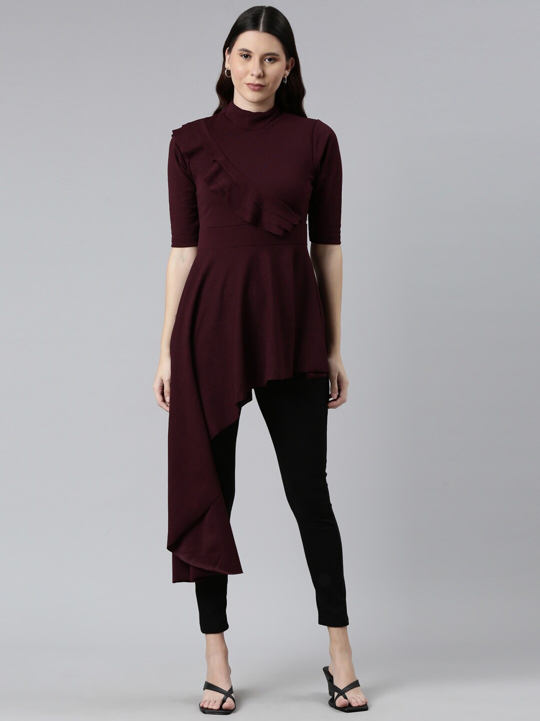 

Kryptic Women Burgundy Ruffles Longline Top