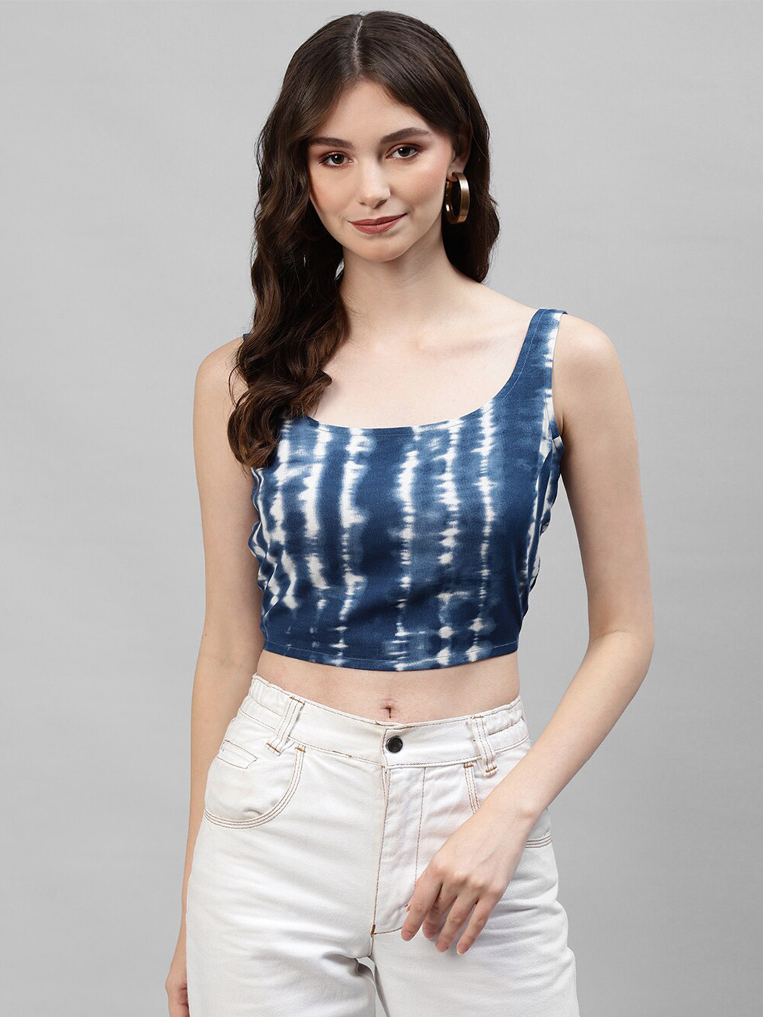 

DEEBACO Women Blue & White Tie and Dye Crop Top