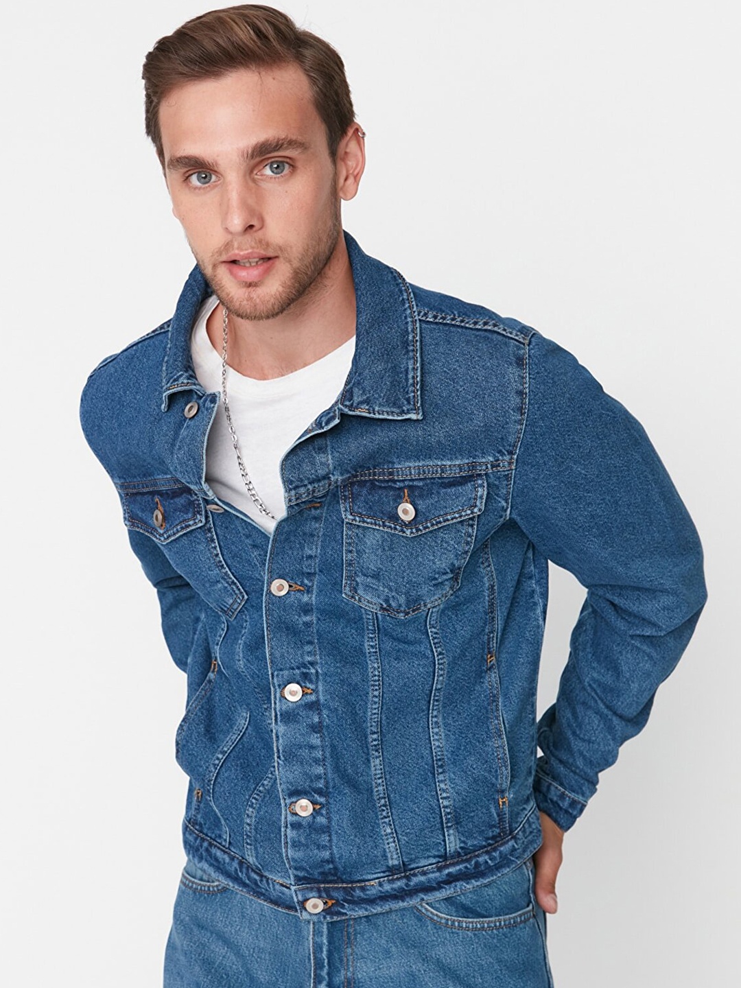 

Trendyol Men Navy Blue Washed Pure Cotton Denim Jacket