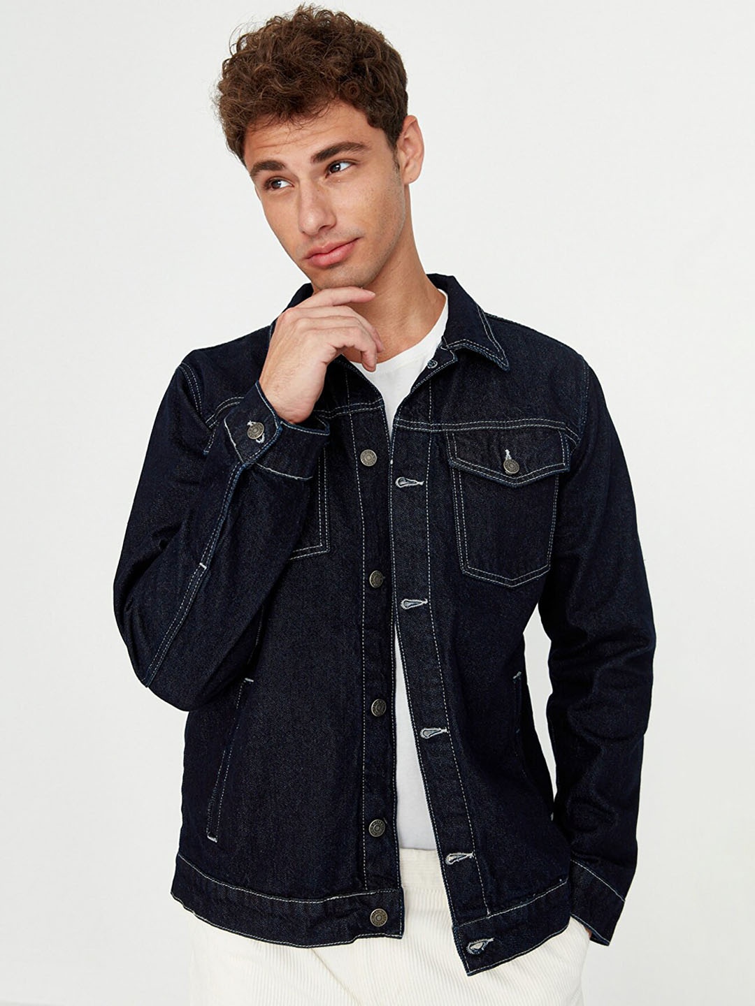 

Trendyol Men Navy Blue Washed Pure Cotton Denim Jacket