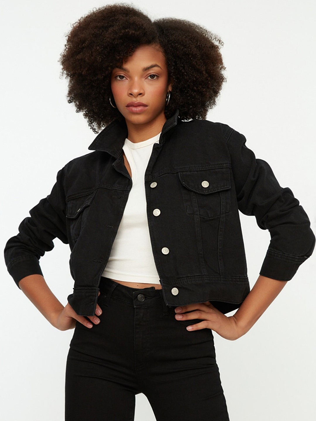 

Trendyol Women Black Pure Cotton Denim Crop Jacket